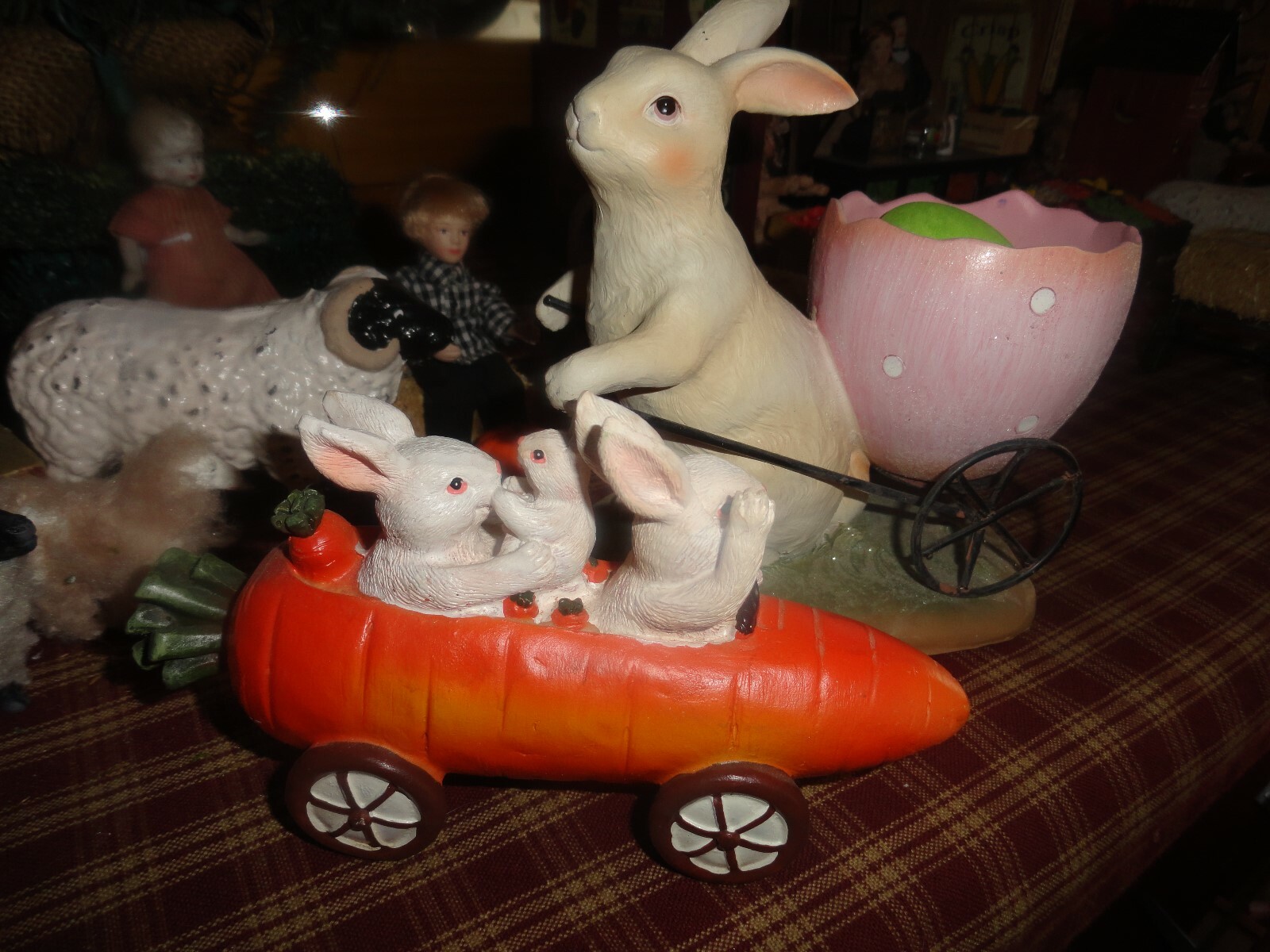 primitive easter decoration figures lot of 2 bunny carrot car..etc