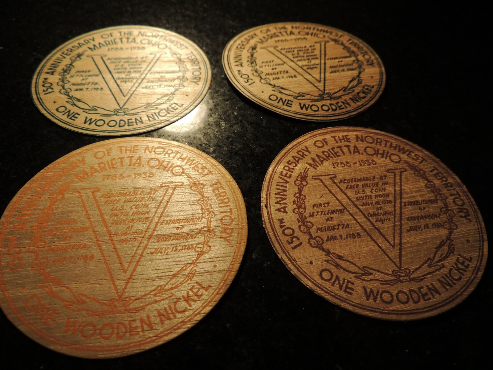 1938 USA MARIETTA OHIO 4 WOODEN NICKEL 150TH ANNIVERSARY NORTHWEST TERRITORY