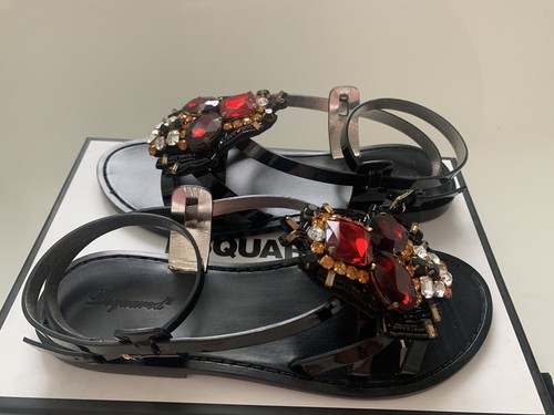 Pre-owned Dsquared2 6.5 7.5 Jeweled Black Patent Leather Ankle Strap Flat Sandals $890