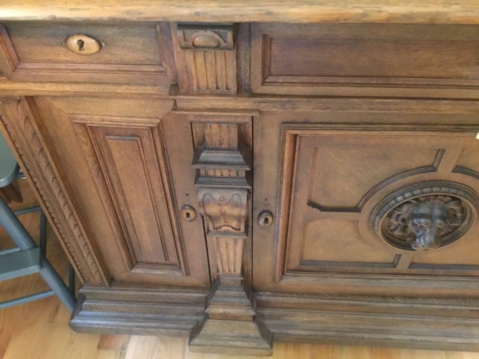 Large German Antique Oak Lions Head Sideboard Cabinet Buffet