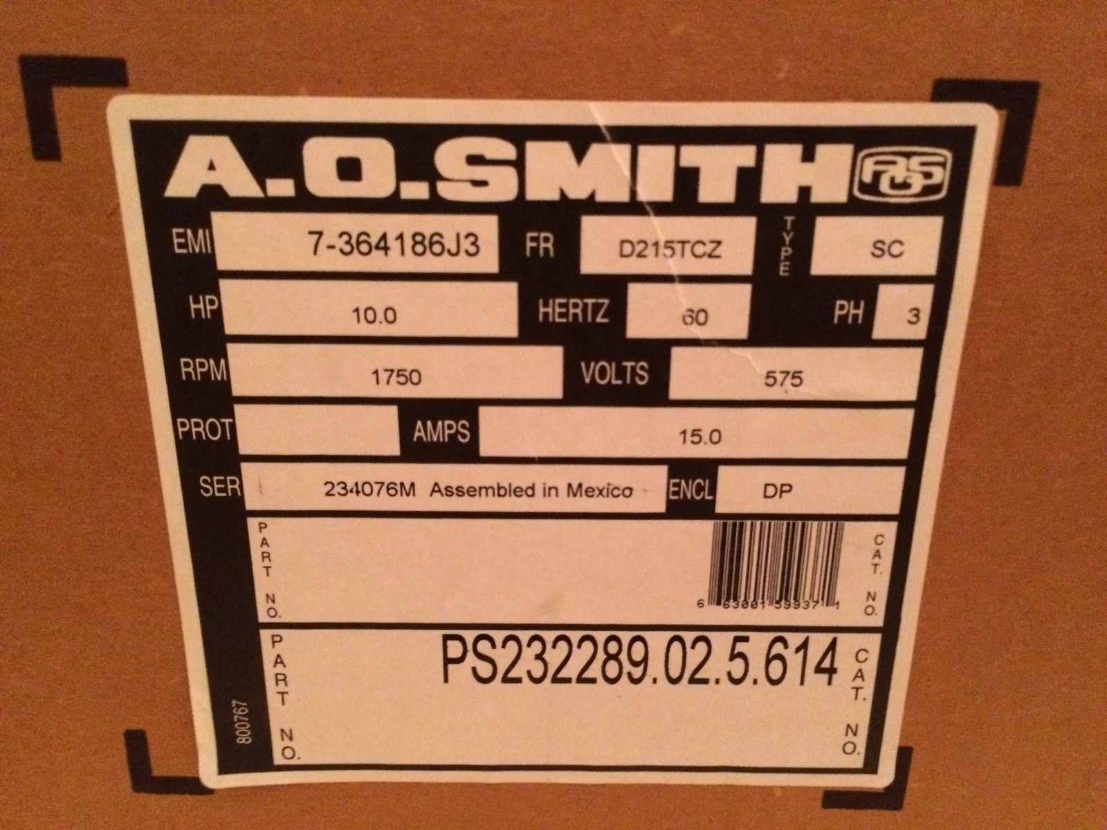 A.O. SMITH Avionic part number 7-364186-01-03, 10HP Electric motor