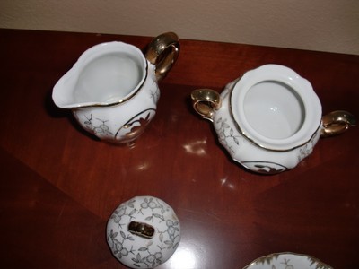 VTG~RARE~14 PC Gold Plated CHINA BAVARIAN~Creamer&Sugar Bowl~6 Cups~6 Saucers