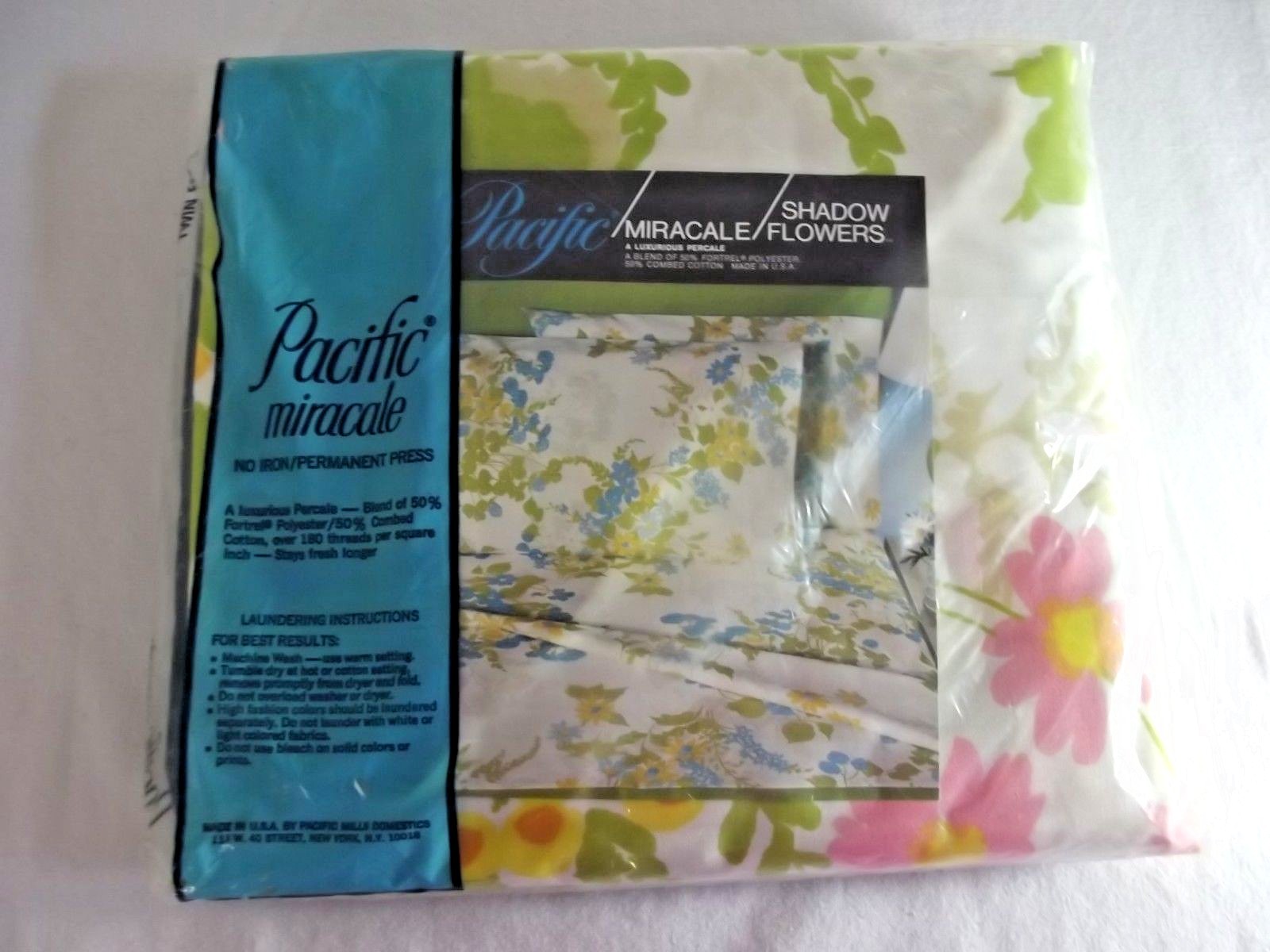 Pacific Miracale TWIN FITTED SHEET - Shadow Flowers - Percale 1960s NEW