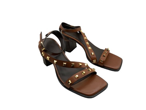 ASOS DESIGN Halter studded mid heeled sandals in tan
