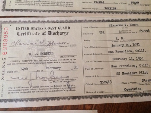 7 1951 U.S. Coast Guard Certificate of Discharge Merchant Seaman Steam Vessels