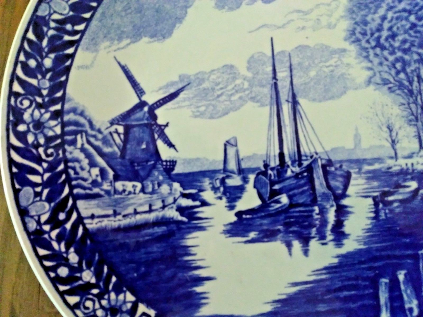 Delft Boch Belgium Blue & White Transferware Plate Windmill, Boats 11