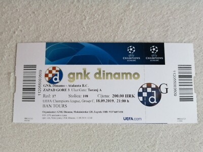 Football ticket GNK Dinamo VS Atalanta B.C, UEFA Champions League 18.09.2019.