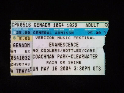 EVANESCENCE CONCERT TICKET WORLD DOMINATION TOUR 2004 Coachman Park, Clearwater