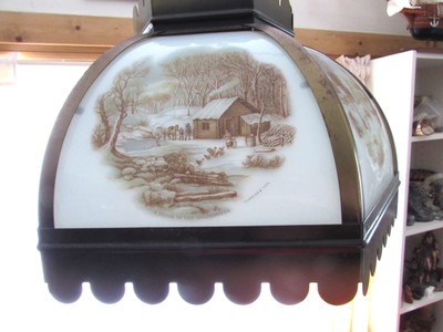 VTG CURRIER & IVES SWAG LAMP 5 GLASS PANEL COPPERTONE FINISH WINTER FARMHOUSE