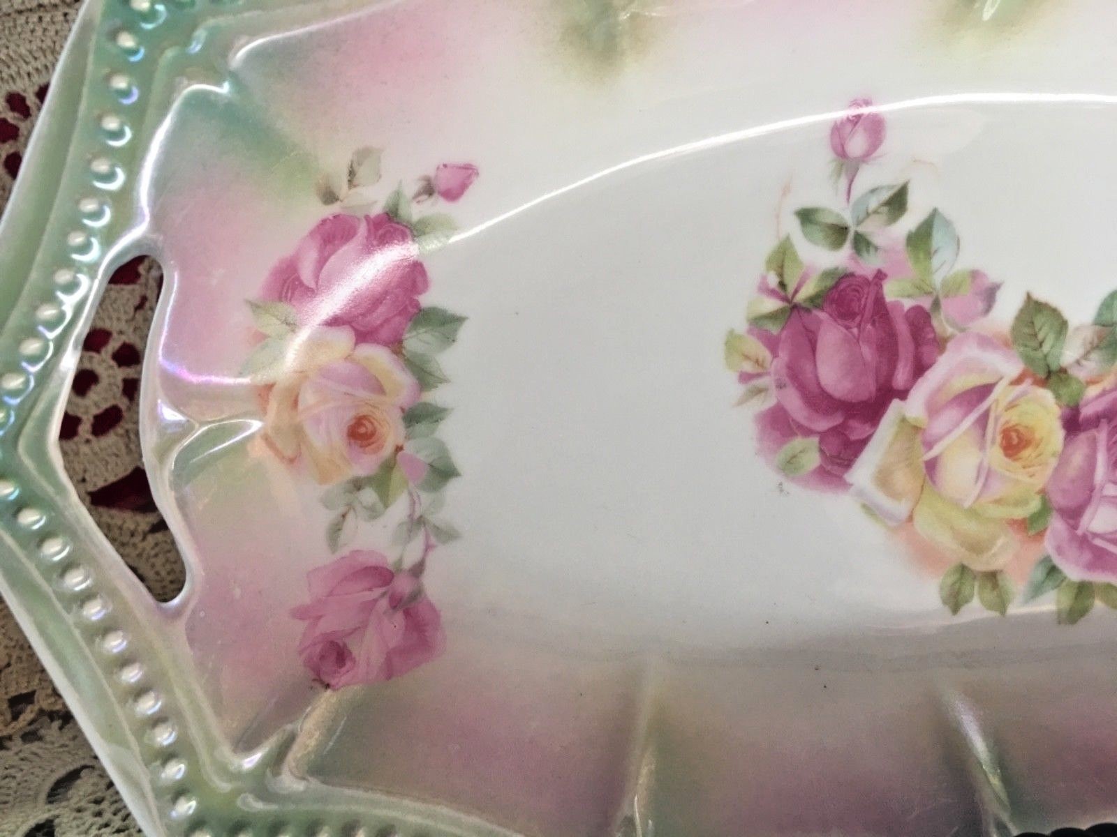 ANTIQUE EMBOSSED PORCELAIN PK SILESIA HAND PAINTED ROSES BOWL & CELERY DISH