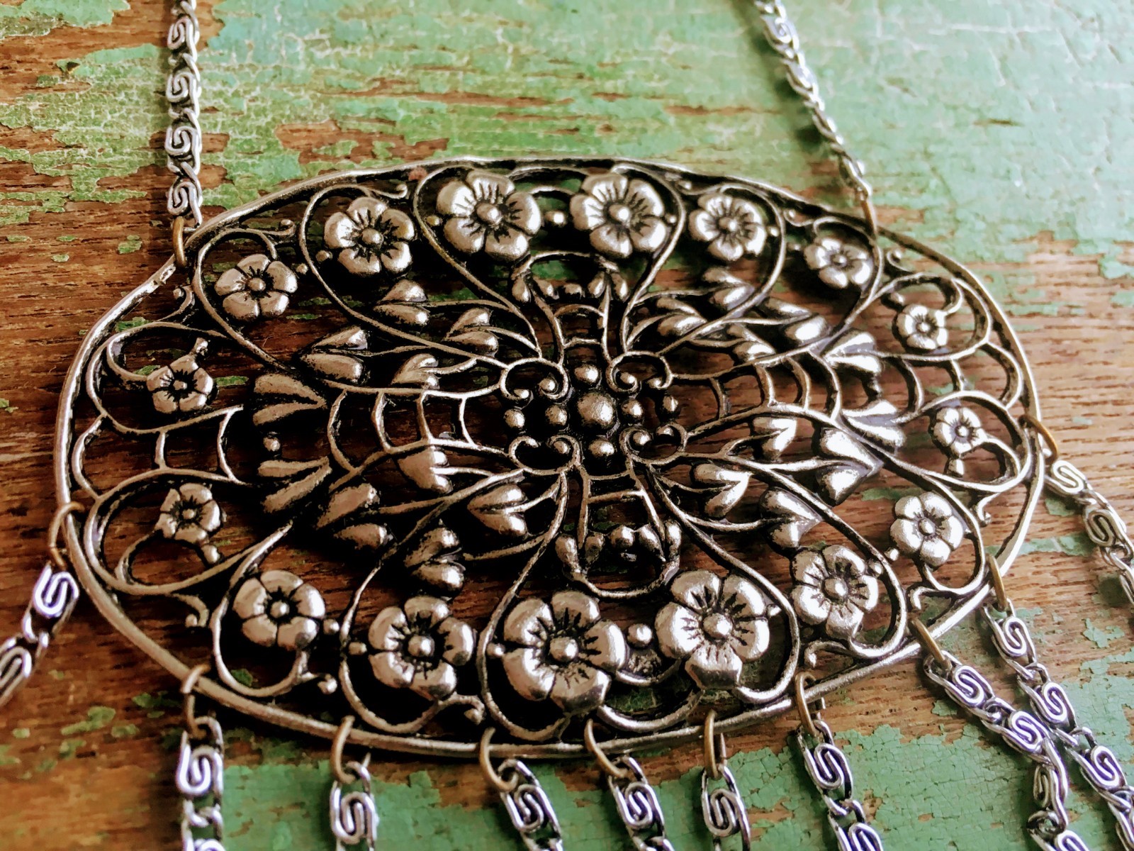 Vintage Art Deco Revival Floral Pendant With Glass Dangle Beads Silver tone