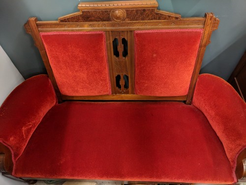 Antique Victorian Red Velvet Sofa Settee Loveseat Couch Carved Wood Vintage