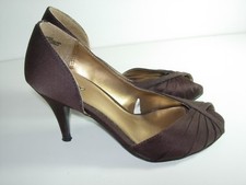 WOMENS DARK BROWN SATIN OPEN TOE PUMPS HEELS CAREER EVENING SHOES SIZE 5.5 M | eBay