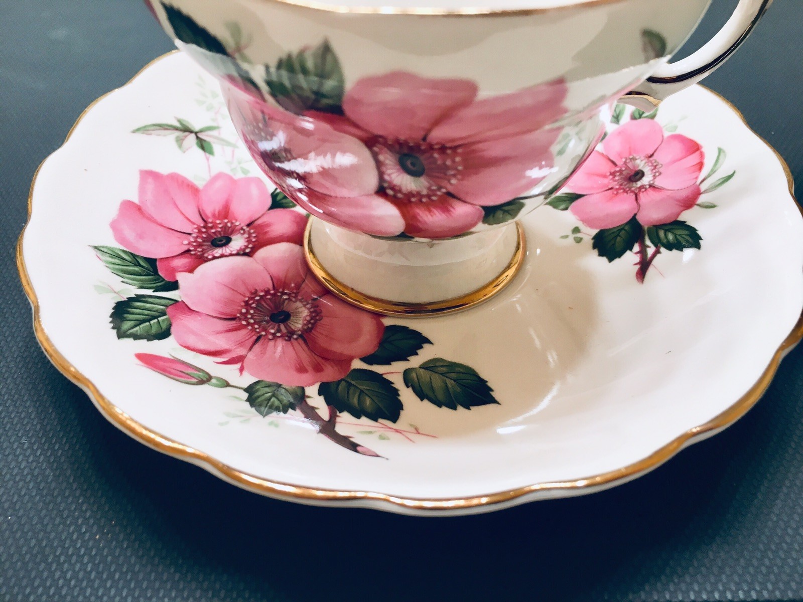 VTG Rosina PINK English Roses Gilded Fine Bone China Footed Teacup Saucer