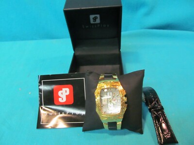 NEAR MINT HEAVY GOLD TONE & RHINESTONES SWISS PLAY CHRONOGRAPH WATCH WITH BOX