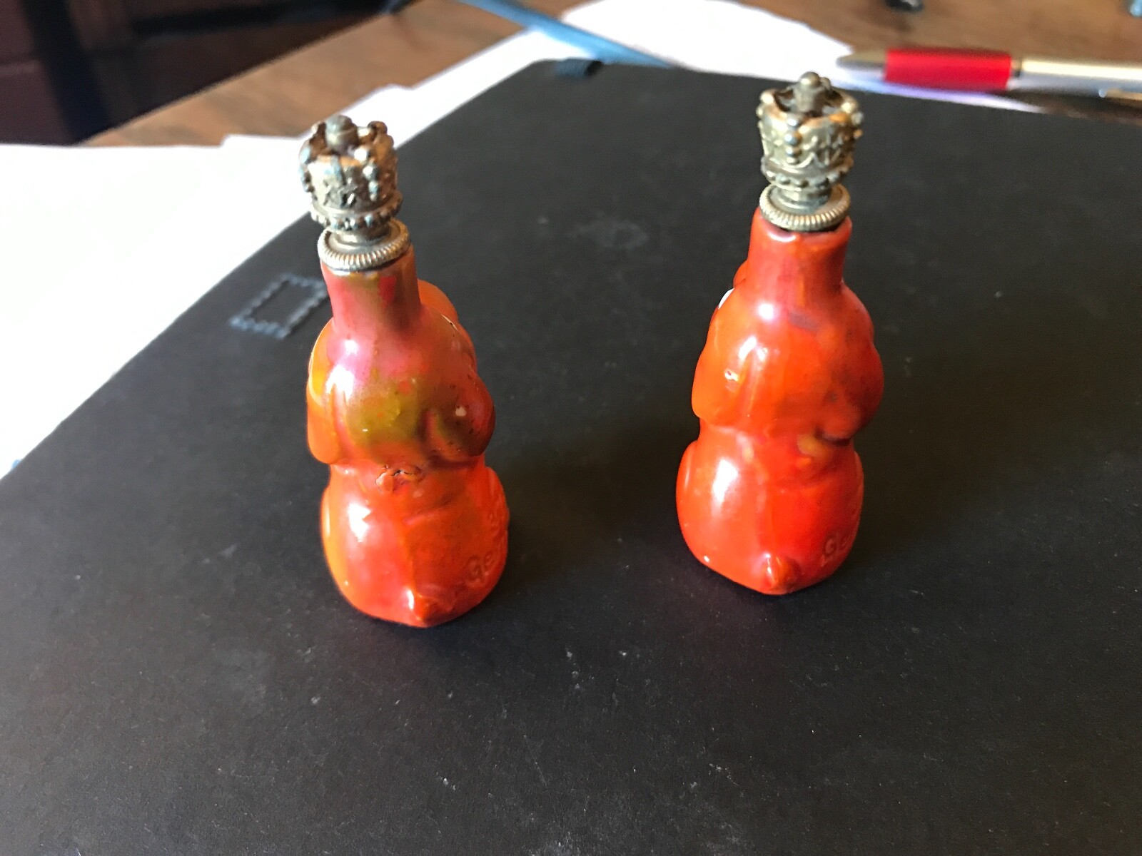 Two Vintage Orange Crown Top Porcelain Perfume Bottle Puppy Dog Germany 3756