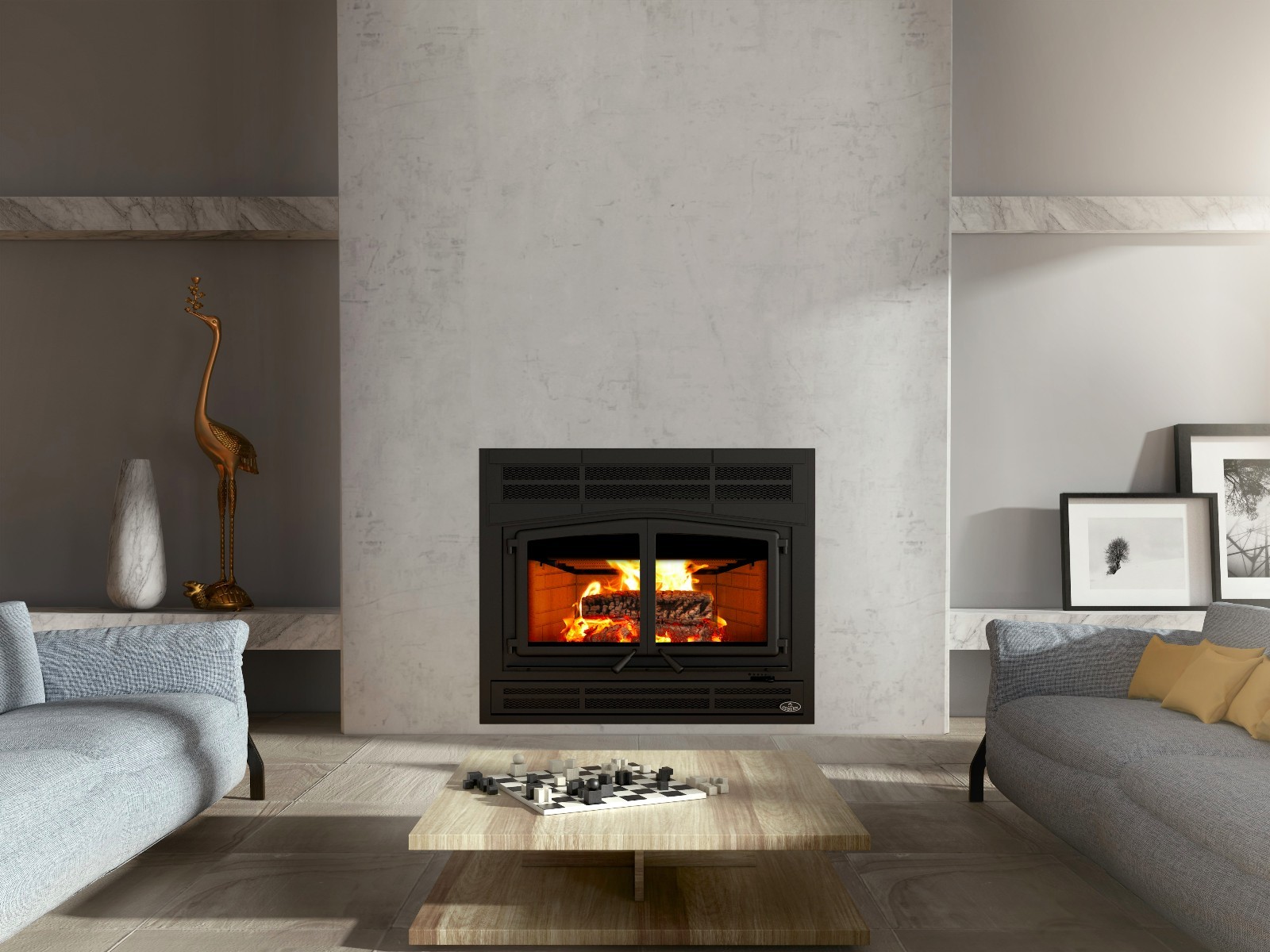 Osburn Horizon Wood Fireplace Package w Faceplate & Brick Panels Large View Area