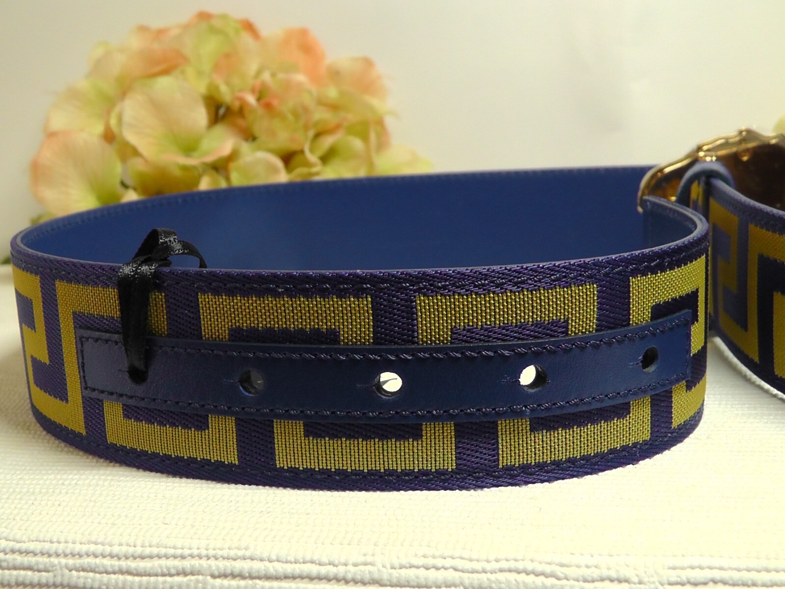 Pre-owned Versace Men's La Medusa Blue / Gold Web Belt Size 95cm Or 37 Inches$495nwt