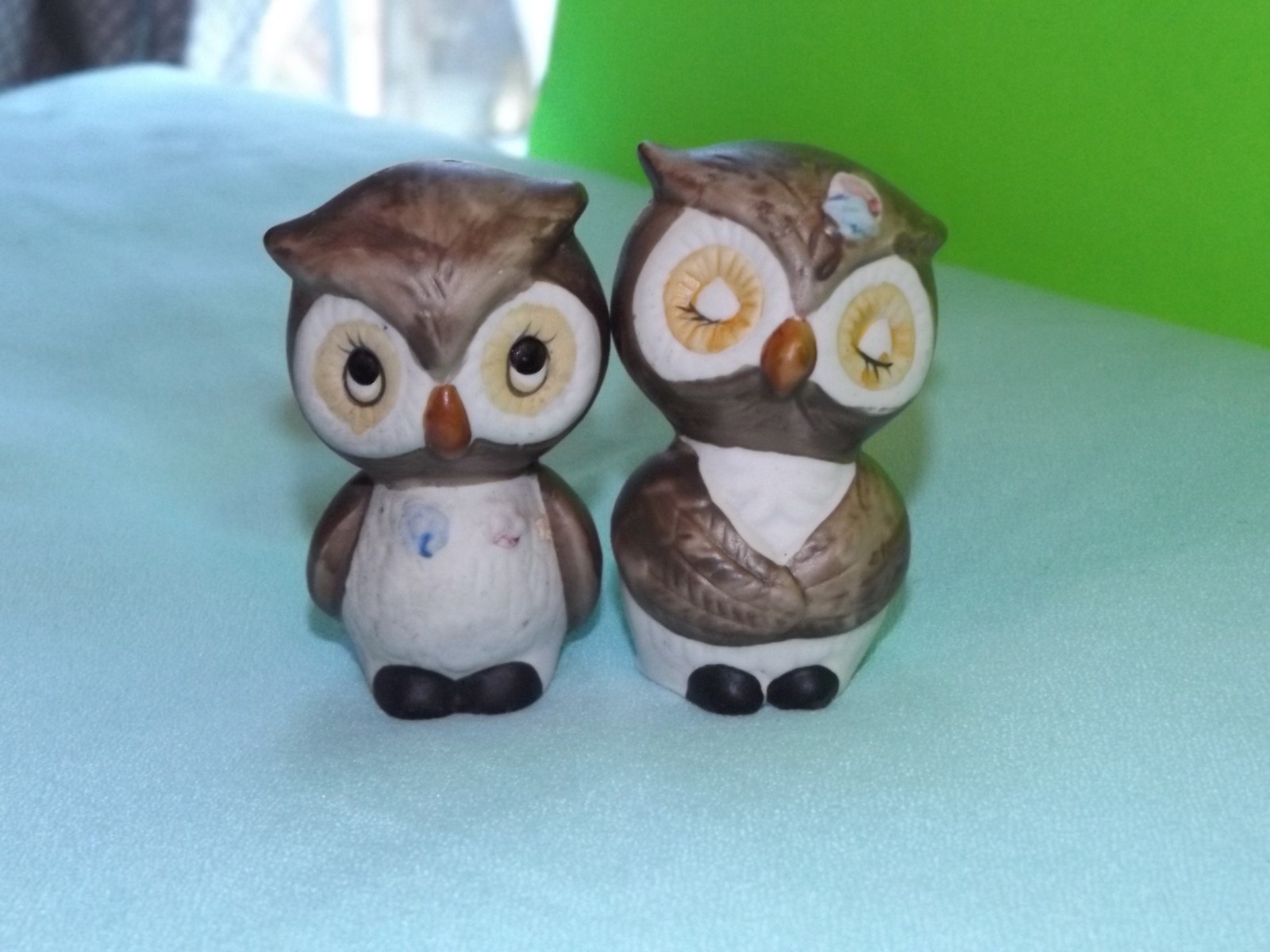 Cute BOY & GIRL OWLS SALT & PEPPER SHAKERS Bisque Ceramic