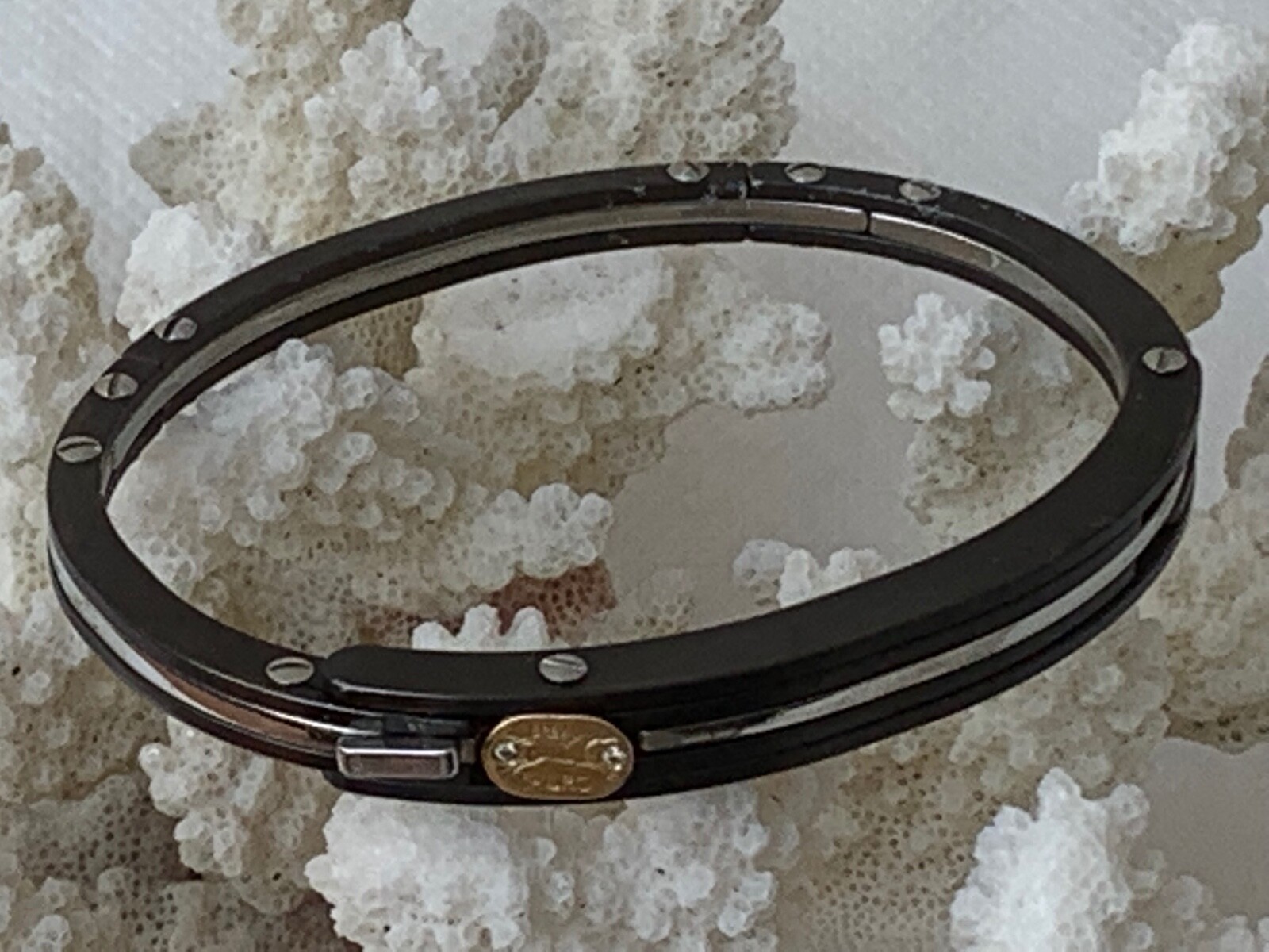 BREV SAURO STAINLESS STEEL 2 DIAMONDS 18K GOLD LABEL HINGED BANGLE BRACELET