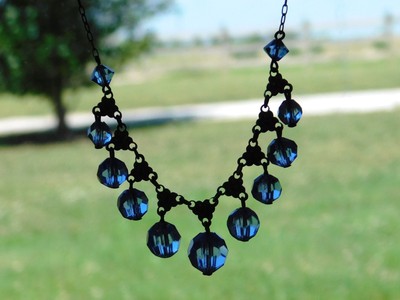 Antique Art Deco Nouveau Blue Glass Crystal Dangle Bib Necklace Repousse Silver