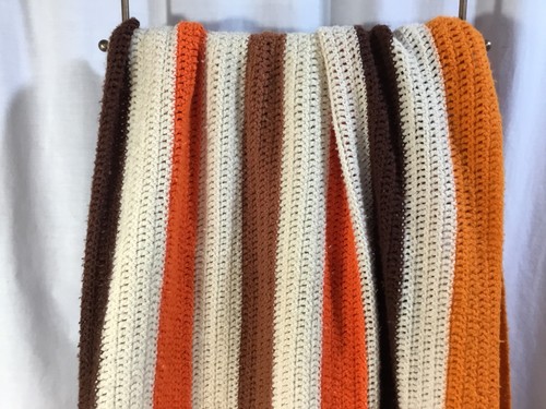 Afghan~Retro 70's~Orange Brown Stripe~Crochet~80 x 60