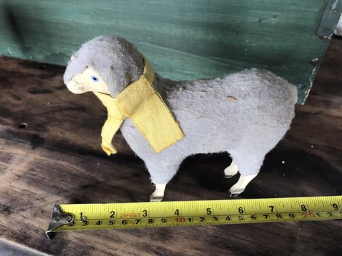 Antique German Handmade Sheep Yellow Scarf Rare Size Stick Leg Nativity Barn