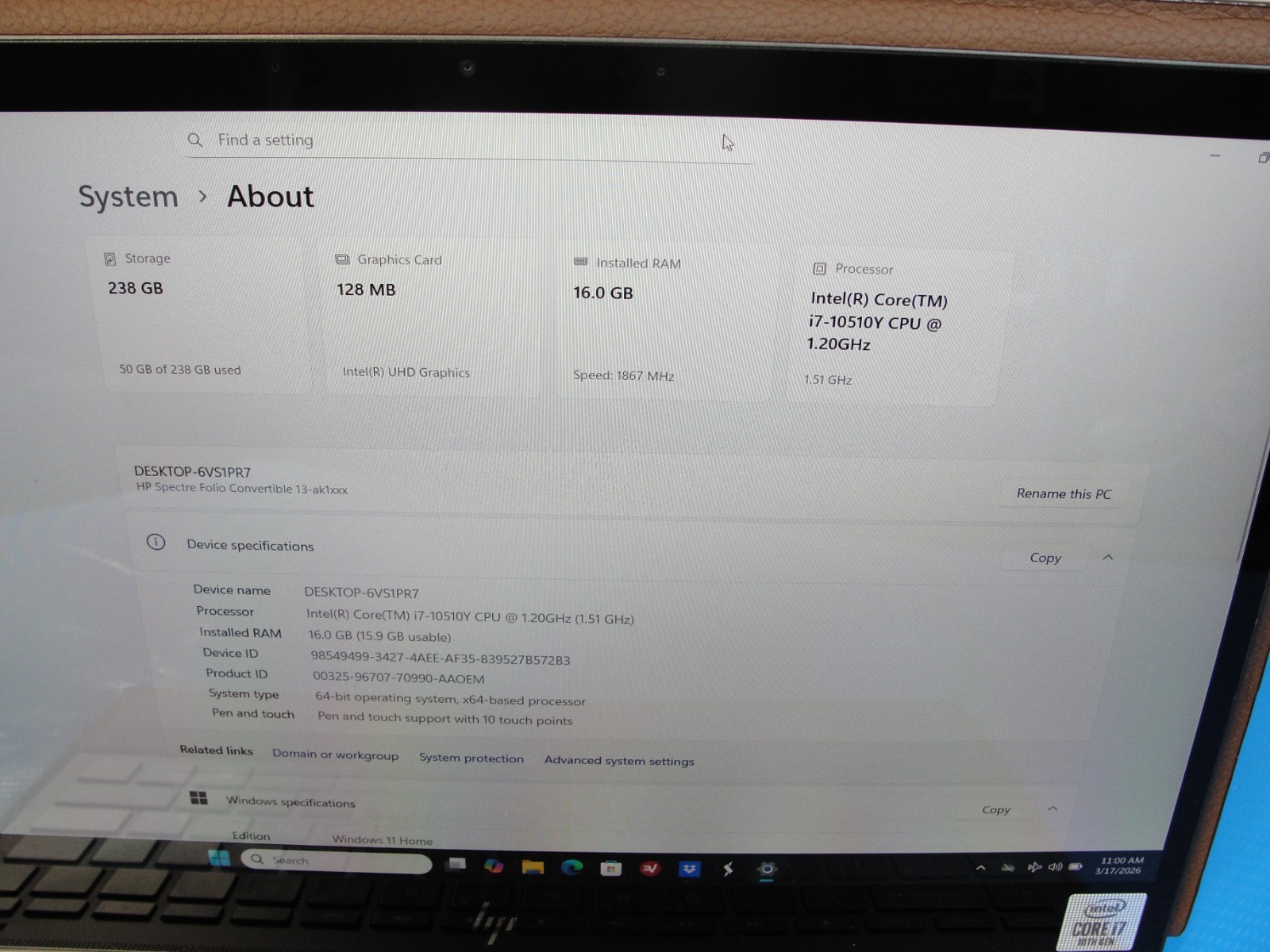 HP Spectre Folio 13-ak1016nr i7-10510Y 16GB 256GB 13.3" Touch For Parts - Thumbnail 6
