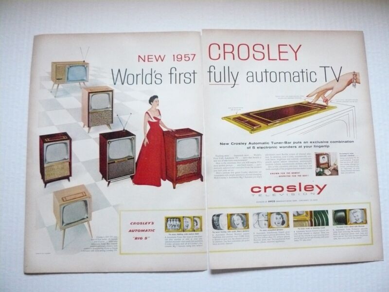 1957 Crosley Television Automatic Touch Control TV 2-page Vintage Print Ad