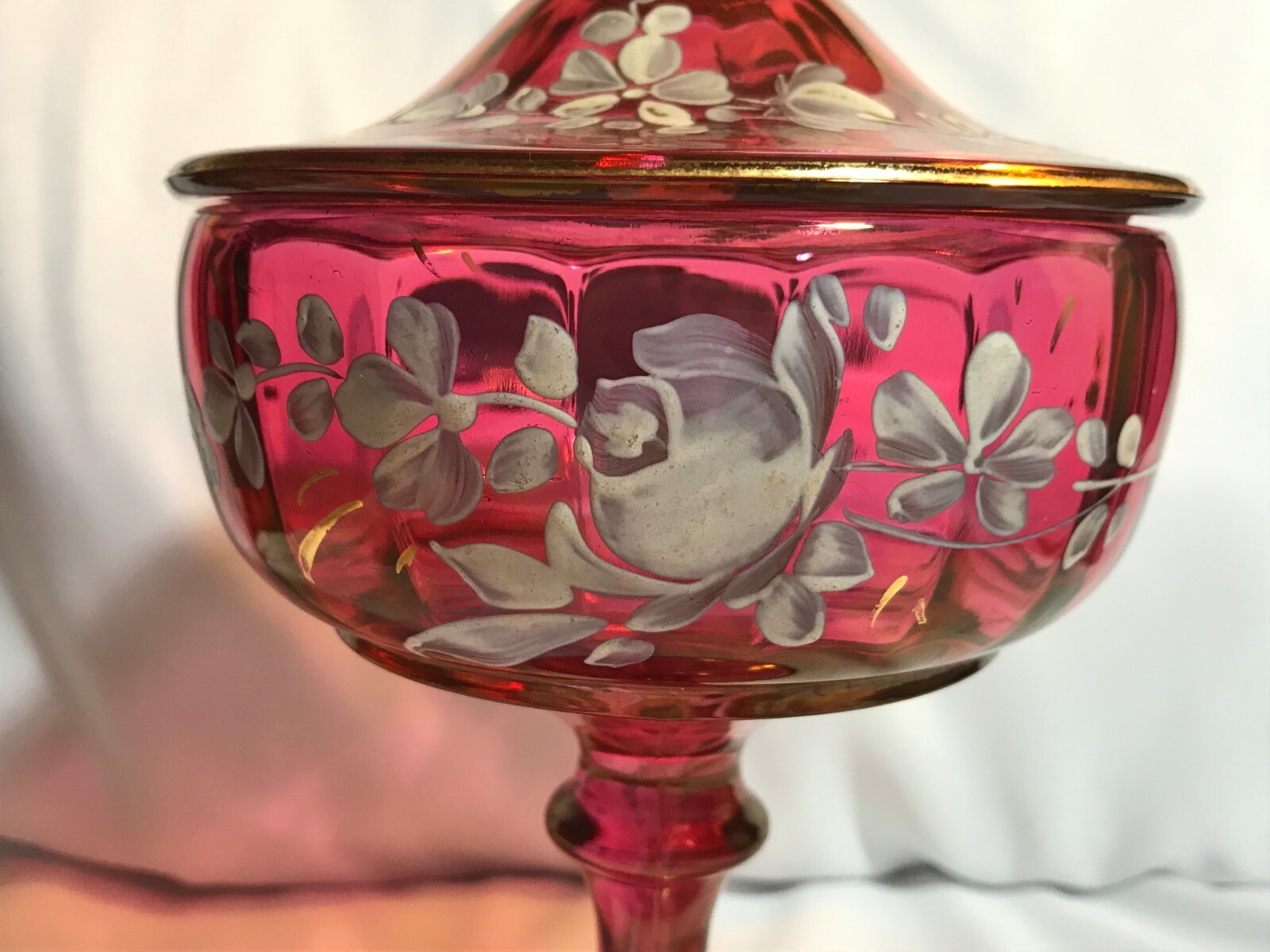 VINTAGE CRANBERRY HAND PAINTED COVERED CANDY DISH, STEM AND FOOTED FLORAL DESIGN