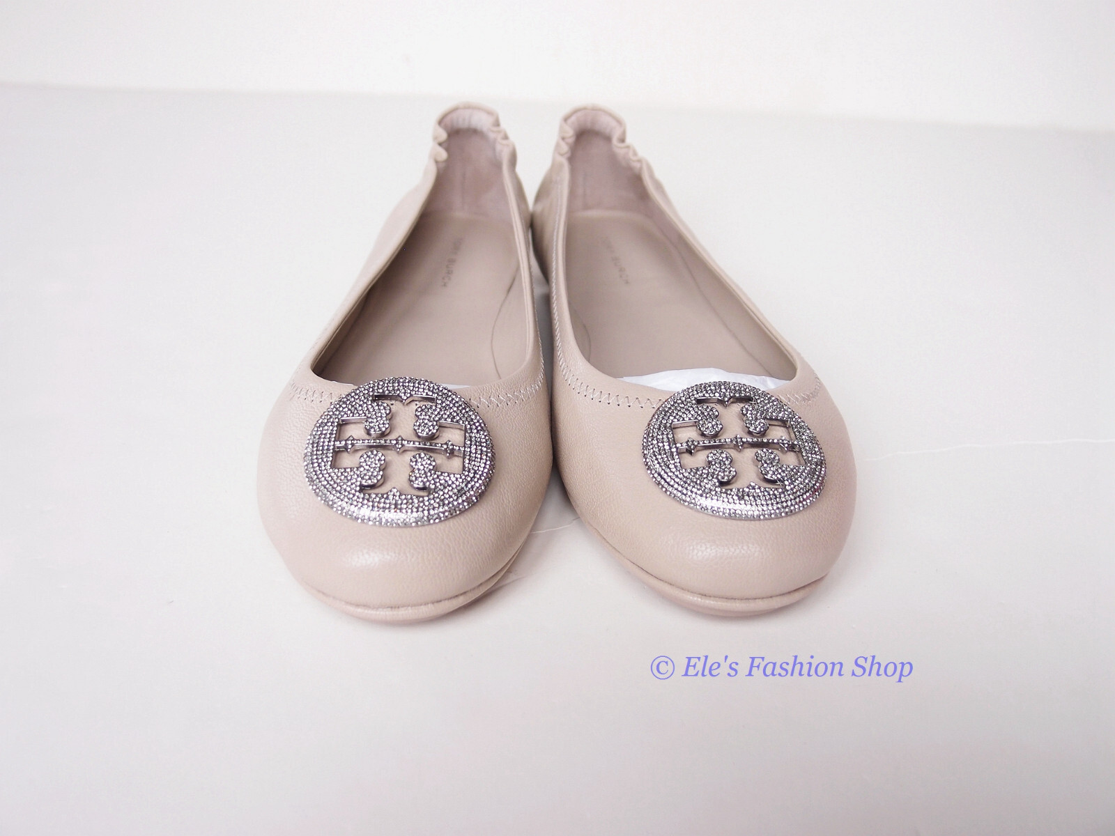 Pre-owned Tory Burch Crystal Logo Pave Minnie Leather Travel Ballet Flat Gray Us 9.5