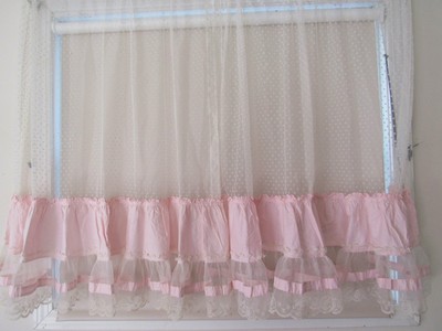 Shabby Vintage Victorian Pink Rose Ruffle Flocked Dot Curtains Pair Panels