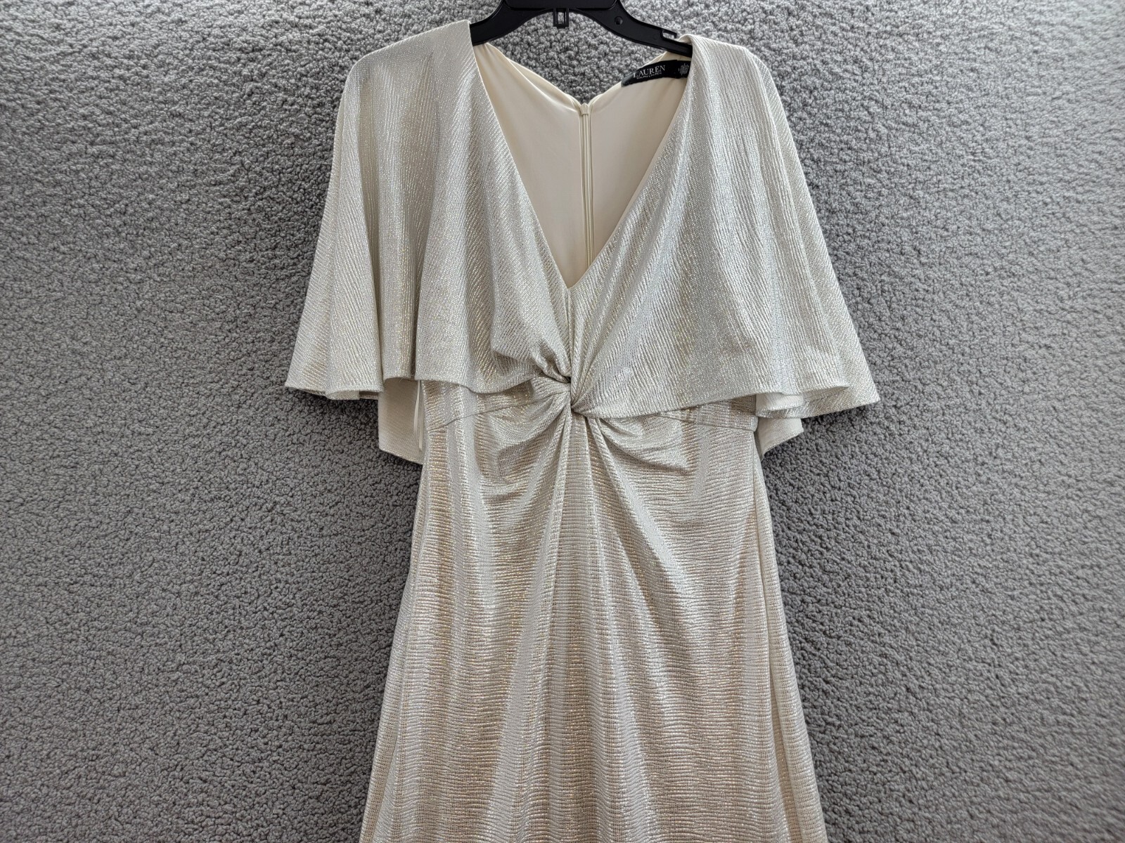 Lauren Ralph Lauren Twist-Front Cape-Overlay Gown Women's 8 Winter Cream V-Neck - Picture 3 of 18