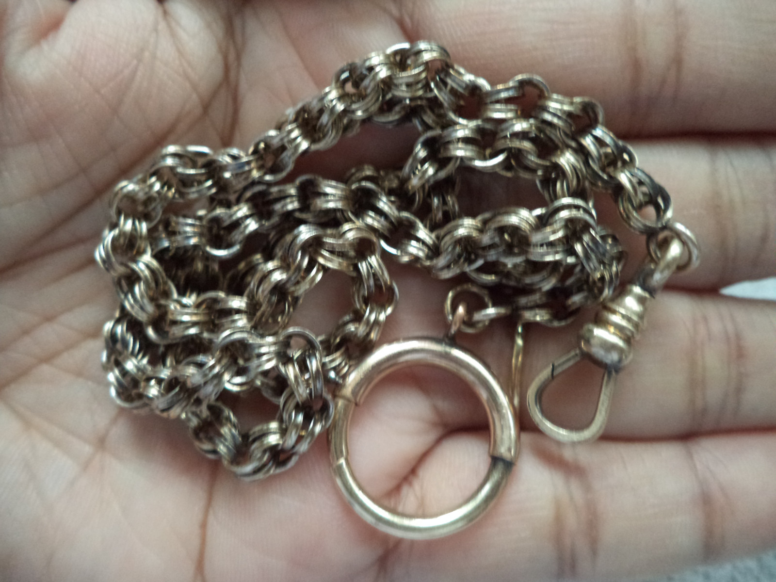 Superb Antique Victorian 9K Low Karat Gold Rolo Watch Chain w/ Large GF Clasp