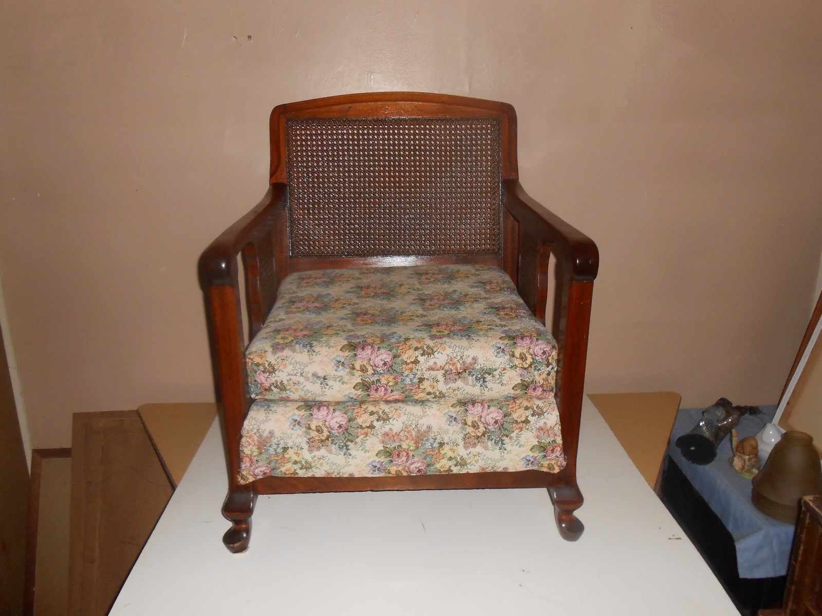 Accent/Side Ornate Cane & Wood Chair With  Curled Arms