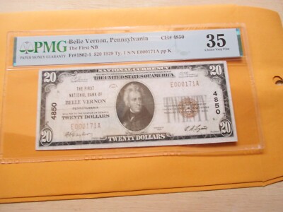 1929 $20 THE FIRST NATIONAL BANK OF BELLE VERNON, PENNSYLVANIA PMG VF 35 RARE
