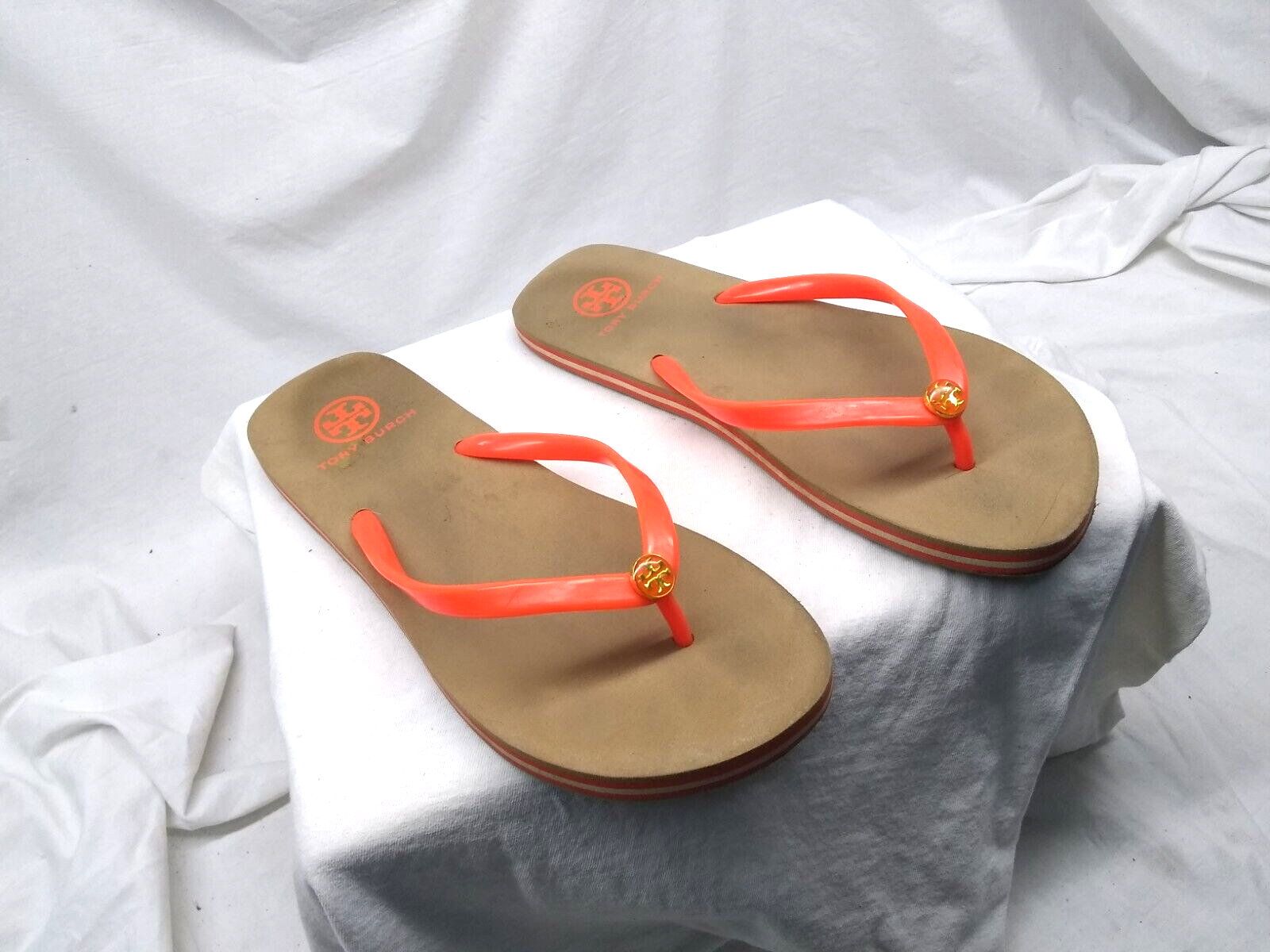 サンダル・ミュール Tory Burch Orange Leather Lines Slippers Tory Burch Orange Sandals Slip On Size 9.5 Good Usable