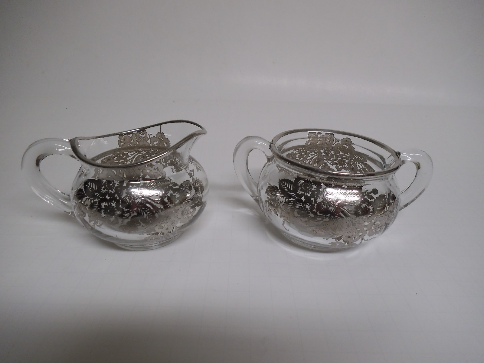 Vintage Heisey Glass, Creamer & Sugar Bowls, Silver Overlay, Collectible Glass