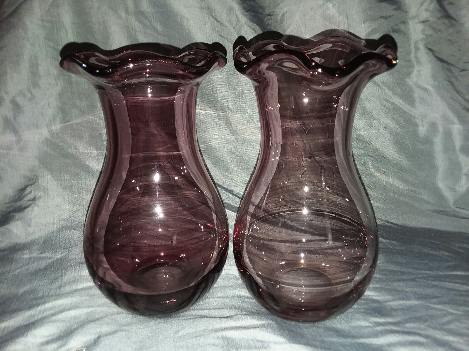 Pair Purple Glass Fluted Vases 7.5