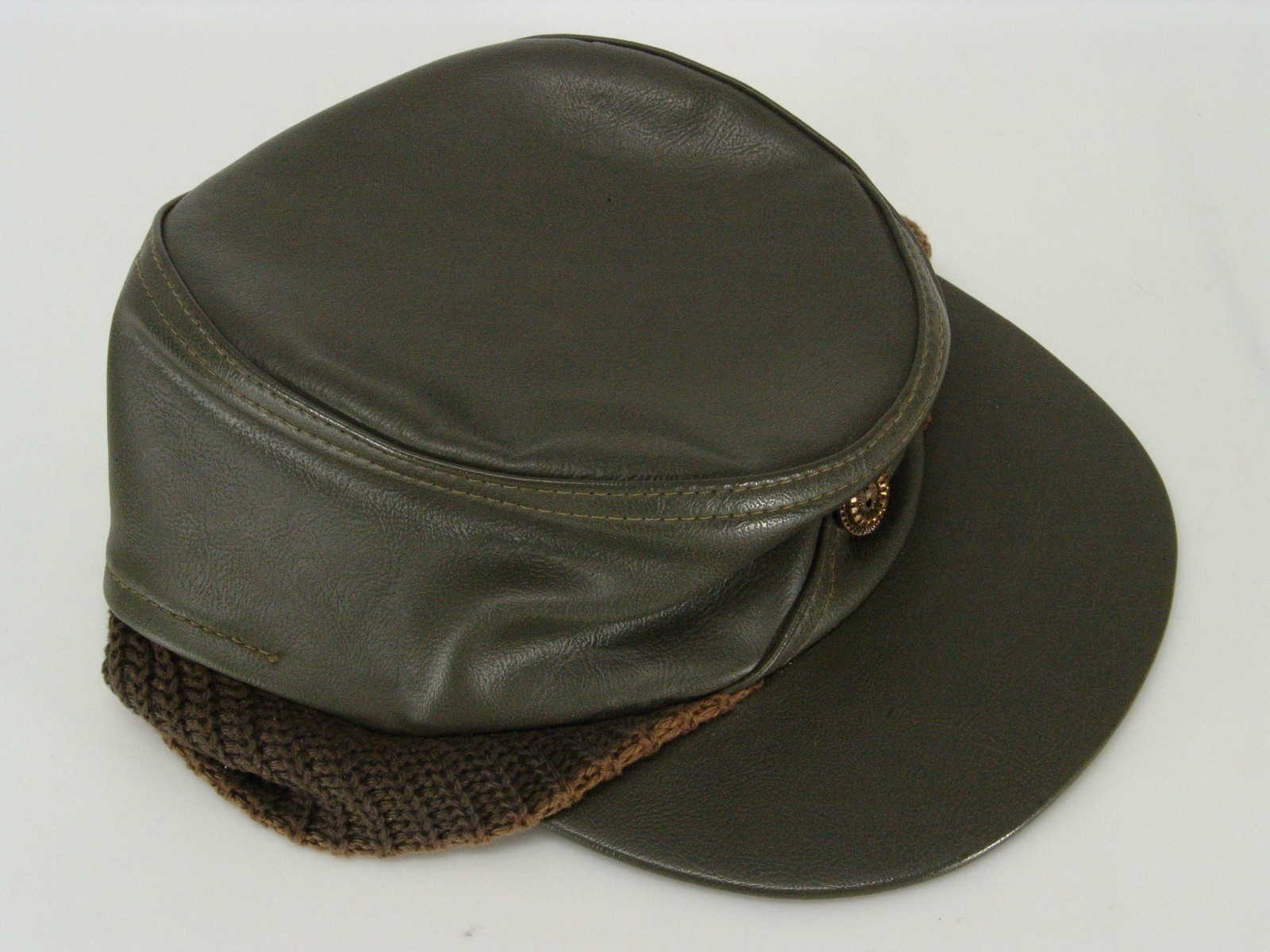 VTG LOUISVILLE MFG CORP POP UP GREEN GRAY LEATHER CAP HAT EAR WARMING SIZE 7