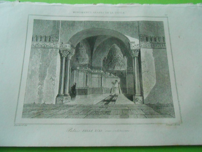 Gravure 1848 - Monuments Arabes De La Sicile Palais Della Ziza Vue Interieure