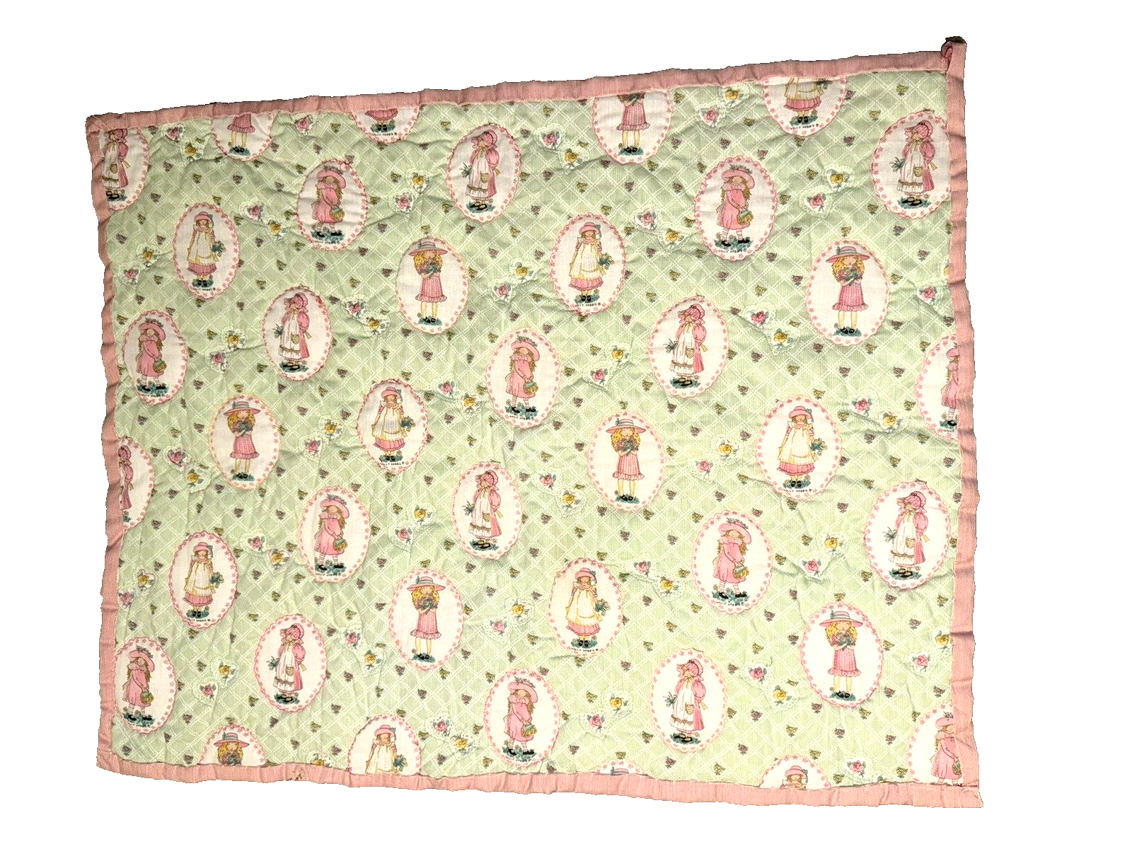 Vintage Hand Sewn Holly Hobbie Baby Blanket 32x39 Girl Nursery Quilt Pink Green