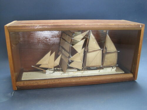 Vintage Large Handmade Model Schooner Ship Latvia In Wood & Glass Case
