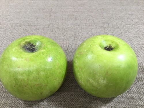2 RARE Antique Vintage Italian Alabaster Stone Fruit Carved Big Green Apple Real