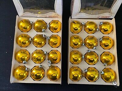  2 Boxes Vintage Shiny Mercury Glass Christmas Tree Ornaments Bright Gold Yellow
