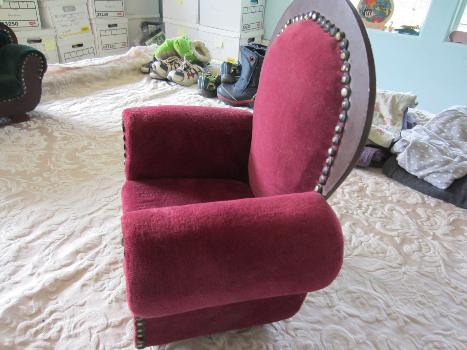 Vintage Doll Chair Dark Red wood and velvet or velour Antique VERY RARE