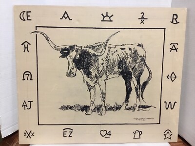 ORIGINAL ACRYLIC ON CANVAS ''BRUSH COUNTRY LONGHORN'' ,RANCH BRANDING SYMBOLS. SIG