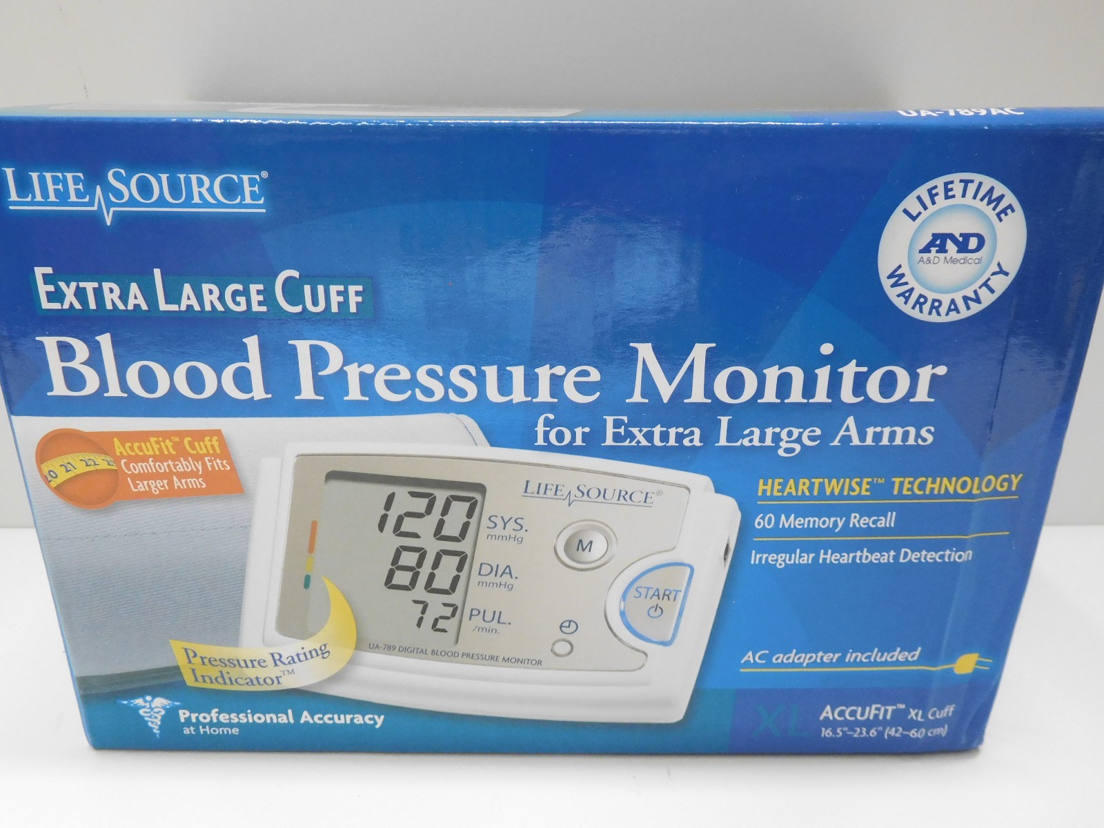 New A&D Medical Life Source Blood Pressure Monitor W/ Extra Large Cuffs Ua-789ac