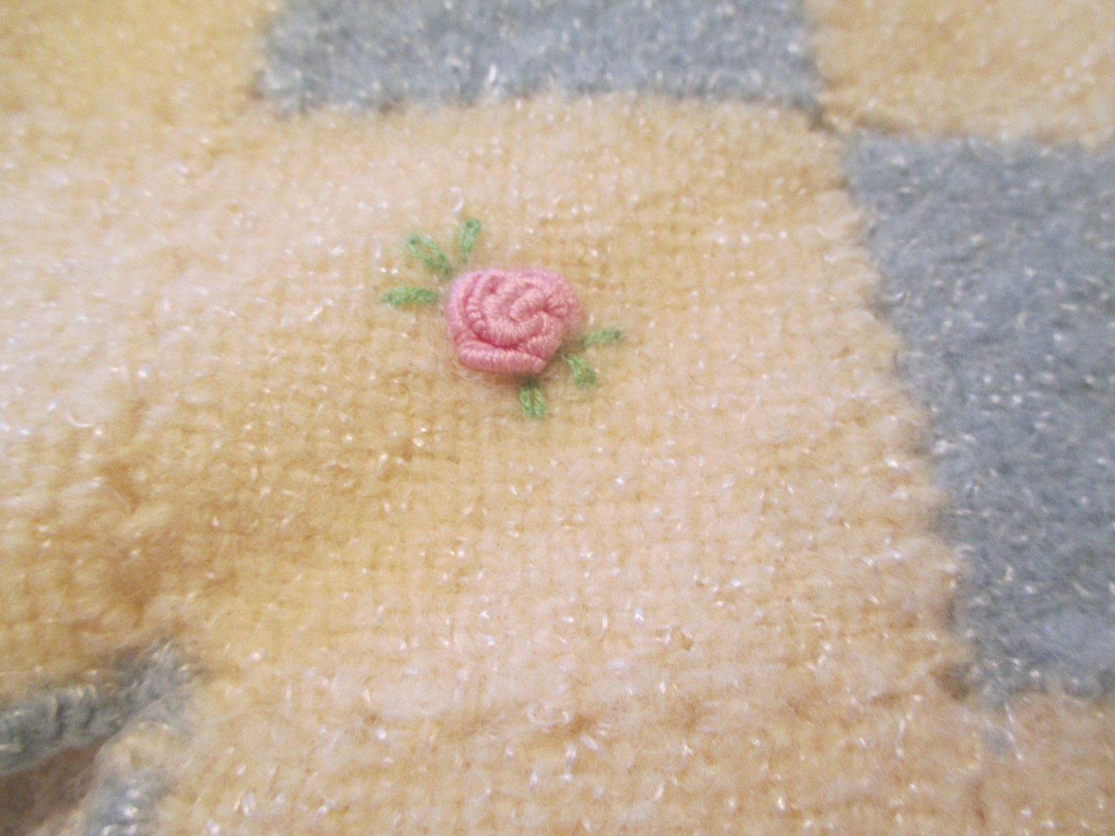 Vtg Hand Woven Square Baby Blanket Wool Crocheted Edges Light Blue Ivory Roses