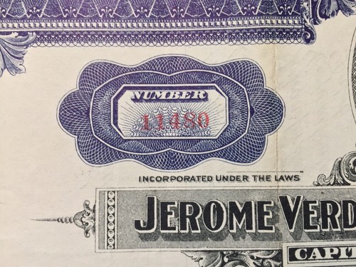 Jerome Verde Development Company Stock Certificate 1924 Delaware Mining Vignette